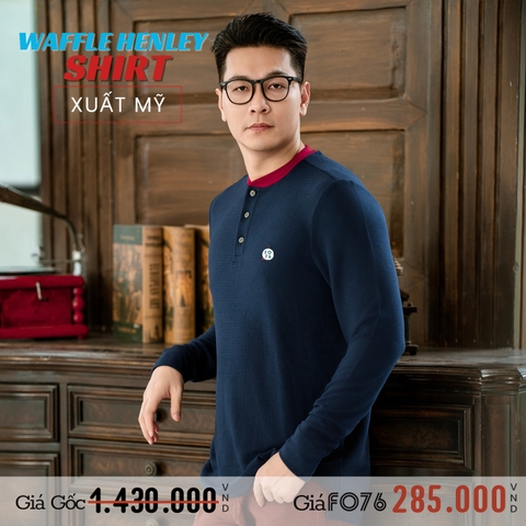 NAUTICA - ÁO THUN NAM TAY DÀI CỔ HENLEY XUẤT MỸ MÀU XANH NAVY