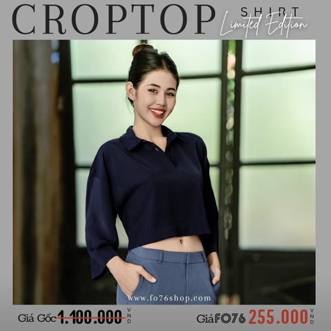 ÁO SƠ MI NỮ CROPTOP TAY LỬNG MÀU XANH ĐEN