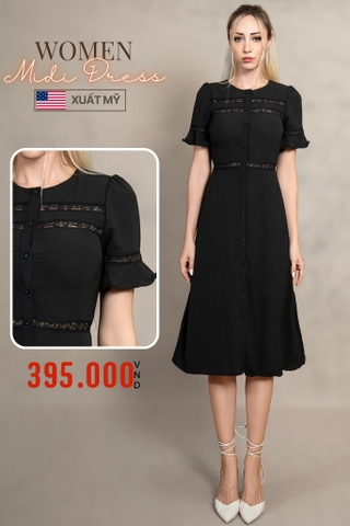 ĐẦM XÒE MIDI TAY NGẮN PHỐI REN XUẤT MỸ MÀU ĐEN DN4607T