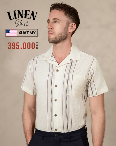 ÁO SƠ MI NAM LINEN TAY NGẮN XUẤT MỸ MÀU KEM THÊU HỌA TIẾT SM4725U3