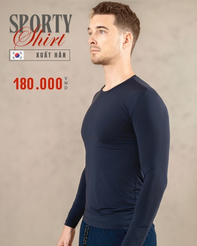 ÁO THUN THỂ THAO NAM CỔ TRÒN TAY DÀI XUẤT HÀN MÀU XANH ĐEN AT4723H4