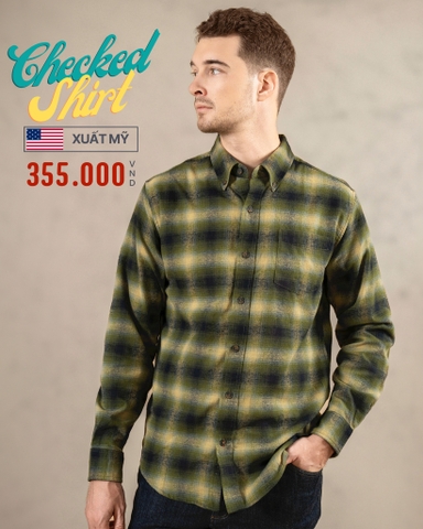 ÁO SƠ MI NAM TAY DÀI XUẤT MỸ HỌA TIẾT CA RÔ MÀU XANH LÁ SM4818D14