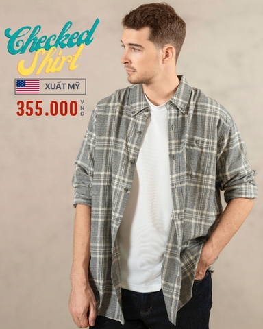 ÁO SƠ MI NAM TAY DÀI XUẤT MỸ HỌA TIẾT CA RÔ MÀU XÁM SM4818D16