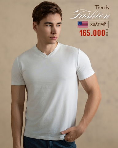 ÁO THUN NAM CỔ TIM TAY NGẮN XUẤT MỸ MÀU TRẮNG AT4909L3