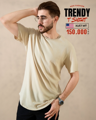 ÁO THUN NAM CỔ TRÒN TAY NGẮN VẠT BẦU XUẤT MỸ MÀU KEM 4219B1