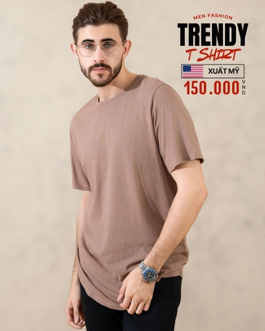 ÁO THUN NAM CỔ TRÒN TAY NGẮN VẠT BẦU XUẤT MỸ MÀU NÂU 4219B