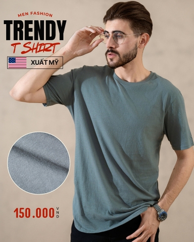 ÁO THUN NAM CỔ TRÒN TAY NGẮN VẠT BẦU XUẤT MỸ MÀU XÁM XANH 4219X1