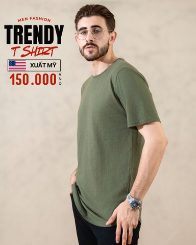 ÁO THUN NAM CỔ TRÒN TAY NGẮN VẠT BẦU XUẤT MỸ MÀU RÊU 4219R