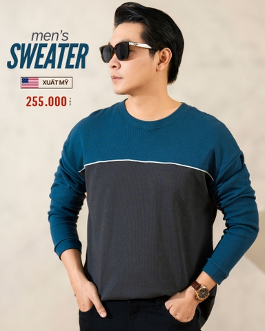 ÁO THUN NAM CỔ TRÒN TAY DÀI VẢI NỈ XUẤT MỸ MÀU XANH AT4B20H-S