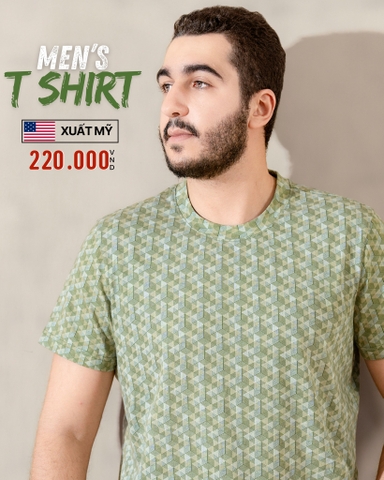 ÁO THUN NAM CỔ TRÒN TAY NGẮN XUẤT MỸ HỌA TIẾT GEOMETRIC MÀU XANH LÁ 21110L-2