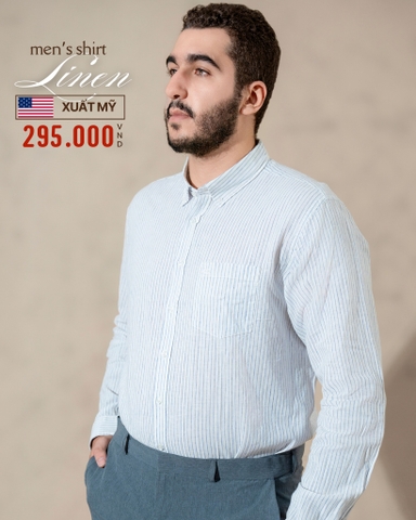 ÁO SƠ MI NAM TAY DÀI XUẤT MỸ VẢI LINEN MÀU TRẮNG KẺ SỌC XANH SM4417T16