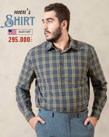 ÁO SƠ MI NAM TAY DÀI XUẤT MỸ HỌA TIẾT CA RÔ MÀU XANH RÊU 4116H-26