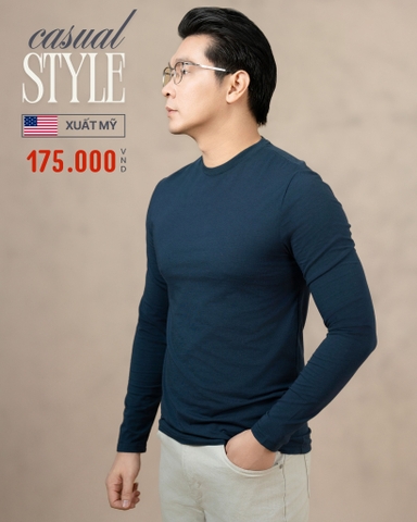 ÁO THUN NAM CỔ TRÒN TAY DÀI XUẤT MỸ MÀU XANH NAVY AT5103L1