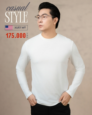 ÁO THUN NAM CỔ TRÒN TAY DÀI XUẤT MỸ MÀU TRẮNG AT5103L2