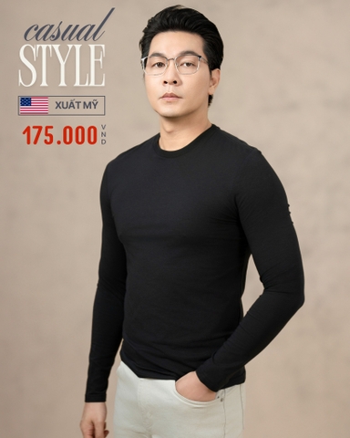 ÁO THUN NAM CỔ TRÒN TAY DÀI XUẤT MỸ MÀU ĐEN AT5103L7