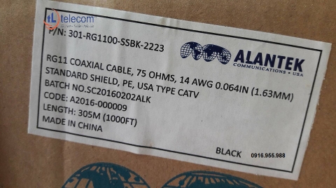 Cáp đồng trục-Coaxial cable Alantek RG-11 Tri-Shield no Messenger Part Number: 301-RG1100-3SBK-2223