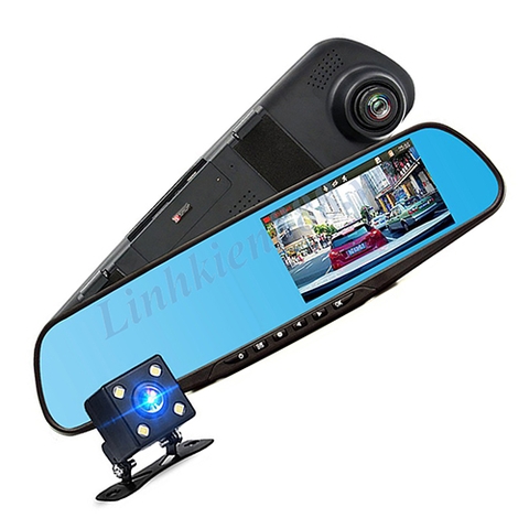 Camera lùi 4.3 inch tích hợp camera hành trình kiểu gương chiếu hậu độ phân giải 1080p viền đen điện áp vào 12V-24V