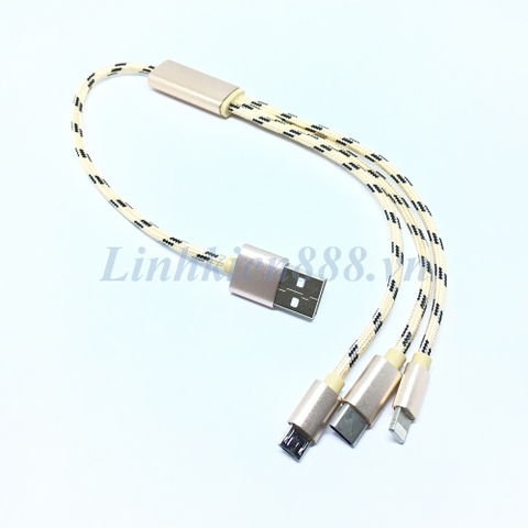 Cáp USB ra 3 đầu Micro USB, Apple và Type-C dài 30cm màu vàng