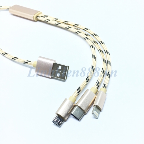 Cáp USB ra 3 đầu Micro USB, Apple và Type-C dài 30cm màu vàng