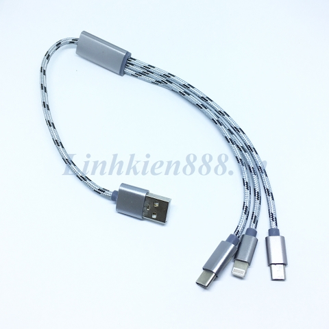 Cáp USB ra 3 đầu Micro USB, Apple và Type-C dài 30cm màu ghi