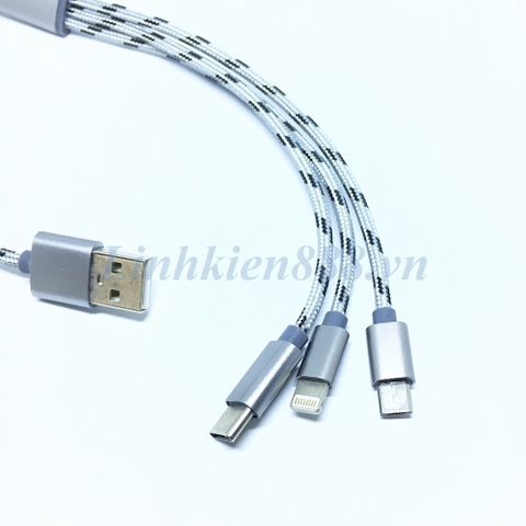 Cáp USB ra 3 đầu Micro USB, Apple và Type-C dài 30cm màu ghi