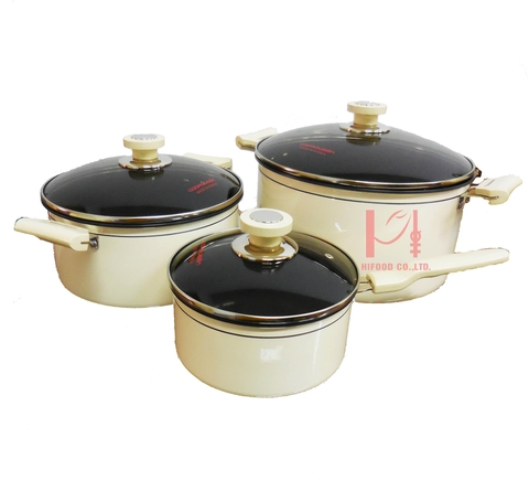 Korean Cookqueen Nonstick Pot Set 18-24-28cm (Glass Lid) (Ivory White)