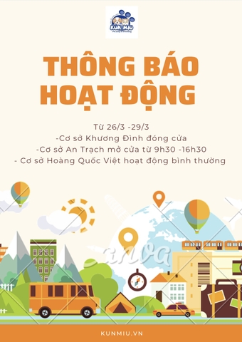 Thông báo hoạt động từ 26/3 - 29/3