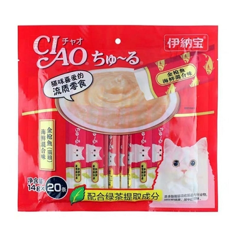 Súp thưởng cho mèo Inaba Ciao Churu vị Cá ngừ + Hải Sản 20 thanh - SC-127C (đỏ)