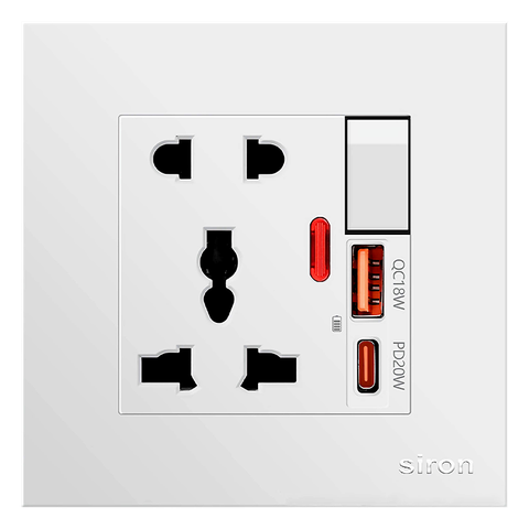Ổ đa năng và 2 chấu có công tắc, sạc USB Type A, C Siron V10, 10H7253 Ổ đa năng và 2 chấu có công tắc, sạc USB Type A, C Siron V10, 10H7253