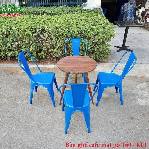 Bàn ghế cafe mặt gỗ Tròn 60cm K01