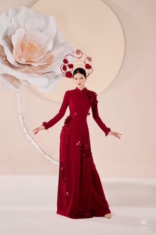Áo Dài Cô Dâu Lụa Đỏ Đính Kết Hoa 3D Sang Trọng