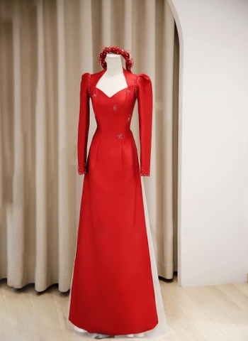 Áo Dài Cô Dâu Tafta Đỏ Cổ Vuông Gợi Cảm