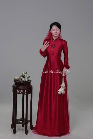 Áo Dài Cô Dâu Họa Tiết Hỷ Phối Lông Vũ Sành Điệu