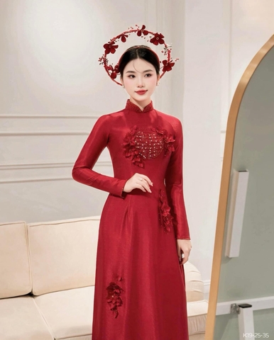 Áo Dài Cô Dâu Gấm Đỏ Họa Tiết Song Hỷ Phối Hoa Thời Thượng