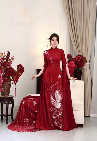 Áo Dài Cô Dâu Lụa Cao Cấp Tay Xẻ Đuôi Dài