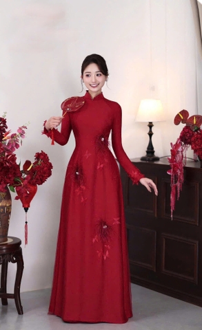 Áo Dài Cô Dâu Lụa Cao Cấp Đính Lông Vũ Xinh Xắn