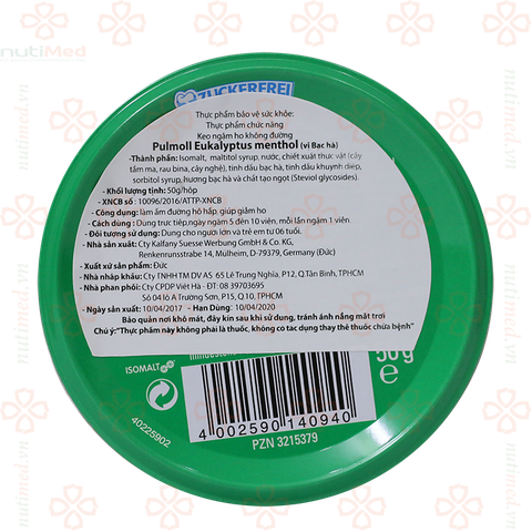 Kẹo Pulmoll Pastillen Eukalyptus Menthol 50g- kẹo ngậm ho không đường vị bạc hà 50g