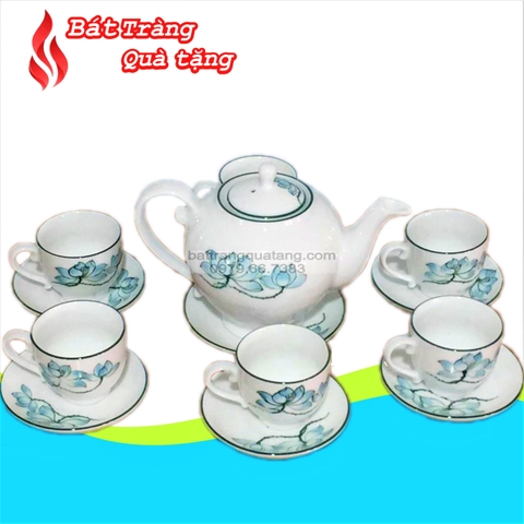 Bộ ấm chén vẽ hoa sen xanh dáng camelia