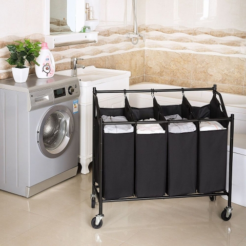 Hộp đựng đồ giặt Songmics Laundry Basket Laundry Hamper (4 túi vải+kệ có bánh xe- màu đen)