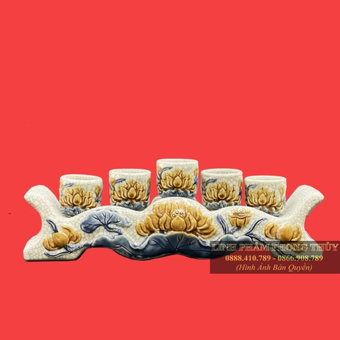 Kỷ ngai 5 chén vẽ sen men rạn