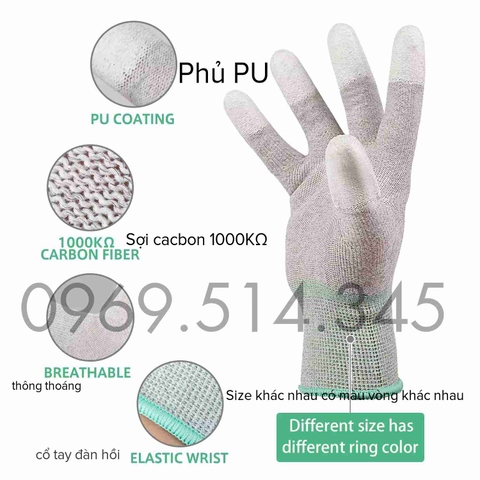 Găng tay chống tĩnh điện sợi carbon phủ PU đầu ngón