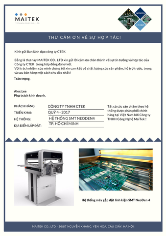 Thư cảm ơn công ty CTEK
