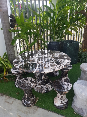 BÀN GHẾ ĐÁ TỰ NHIÊN - BÀN GHẾ ĐÔN TRÒN MÀU NÂU DA BÁO