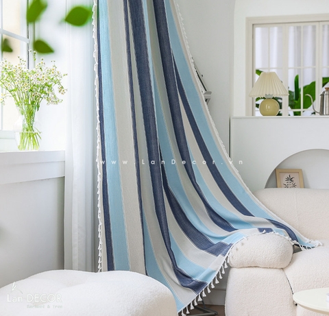 RÈM SỢI DỆT CAO CẤP KẺ SỌC XANH TRẮNG LANDECOR - RTB324