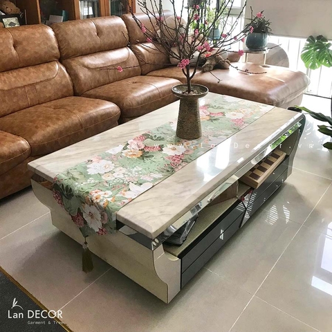 Khăn trải bàn runner Landecor họa tiết hoa nhiệt đới nền xanh sang trọng  - TBR514