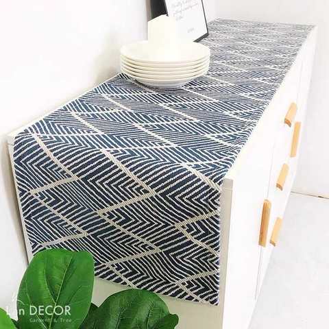 Khăn trải bàn runner họa tiết zik zak xanh trắng sang trọng - TBR512