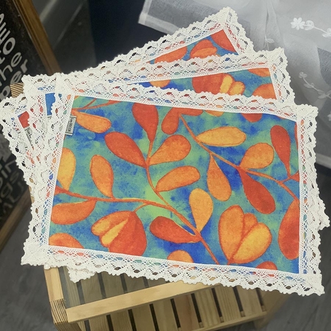 Khăn lót bàn ăn vải lá cam Bắc Âu mix ren - TBA449