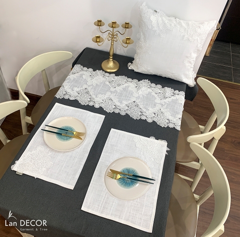 Khăn trải bàn runner ren thêu hoa - KR020-Trắng
