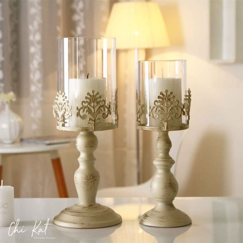 Chân nến thủy tinh, chân sắt phong cách Vintage- DC074