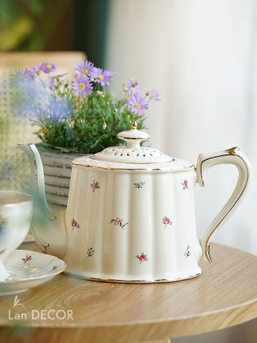 Bộ ấm và tách pha trà gốm sứ Anh họa tiết hoa phong cách cổ điển châu Âu sang trọng - DC047